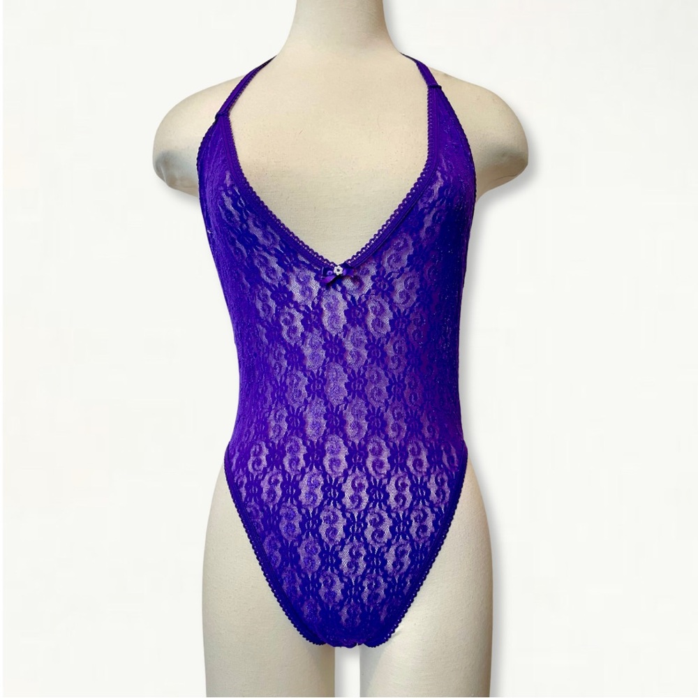 Vintage 1970s Frederick’s of Hollywood Purple Lace Lingerie Bodysuit Size Large